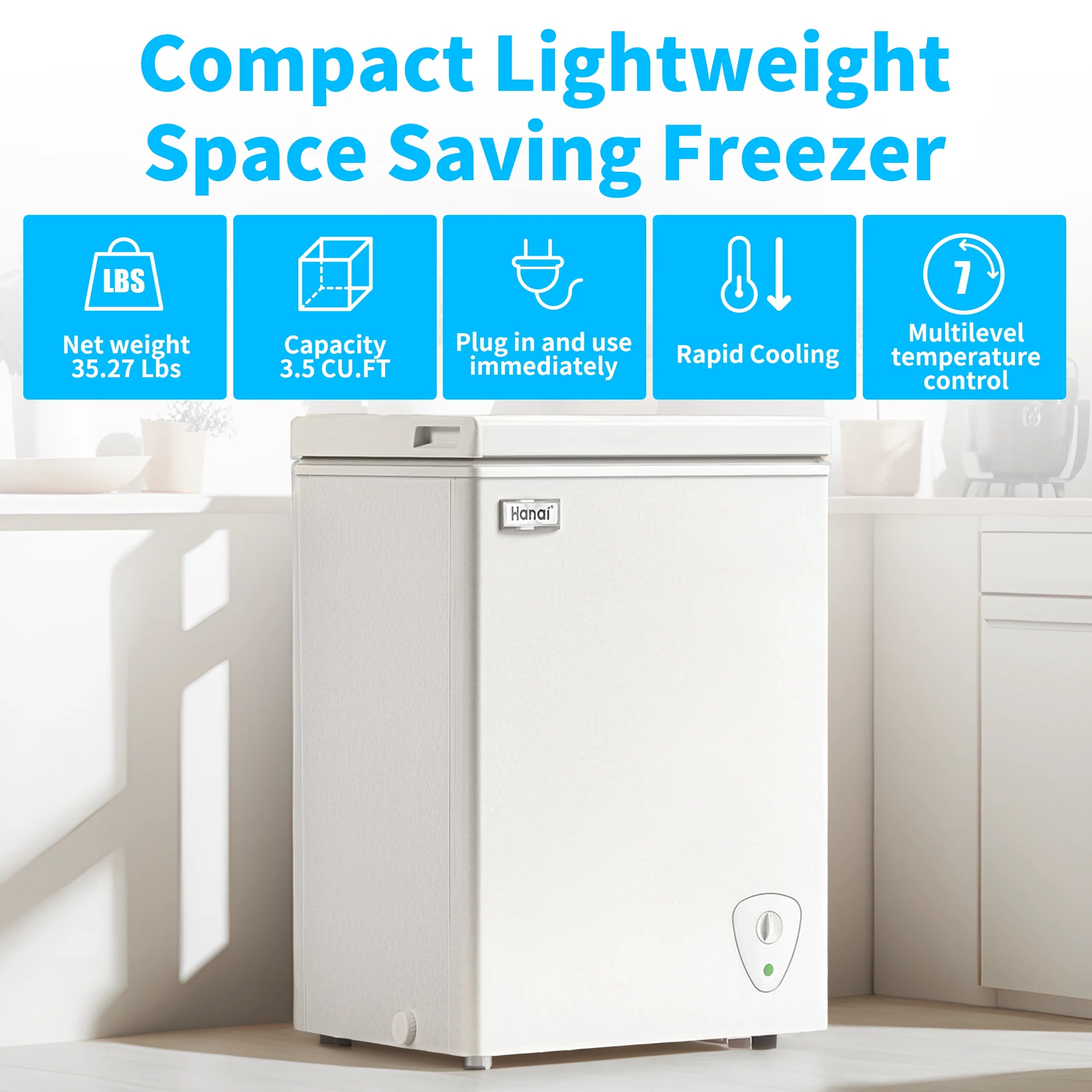 RoyalSavings 3.5 Cu.Ft white chest freezer with removable storage basket, deep freezer for efficient frozen food storage.