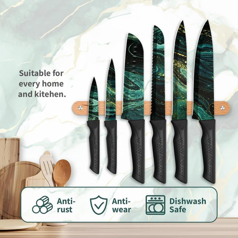 Colorful RoyalSavings kitchen knife set with six sharp stainless steel knives on a wooden cutting board.