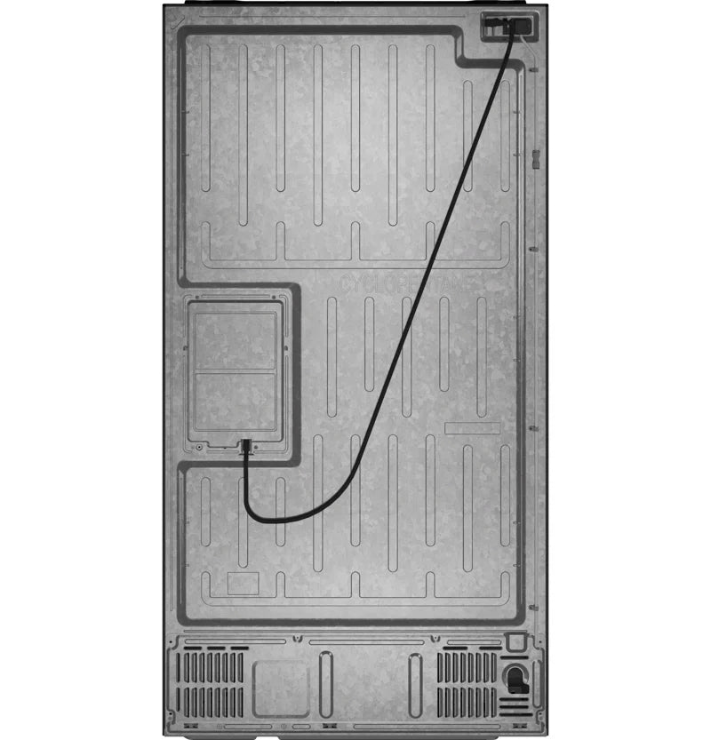 RoyalSavings French-door smart refrigerator with double doors, sleek stainless steel finish, and digital control panel inside.