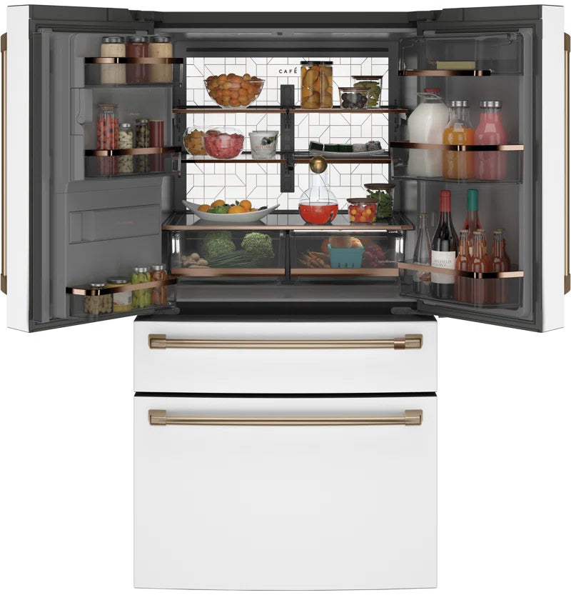 RoyalSavings French-door smart refrigerator with sleek stainless steel finish, digital control panel, and spacious interior.