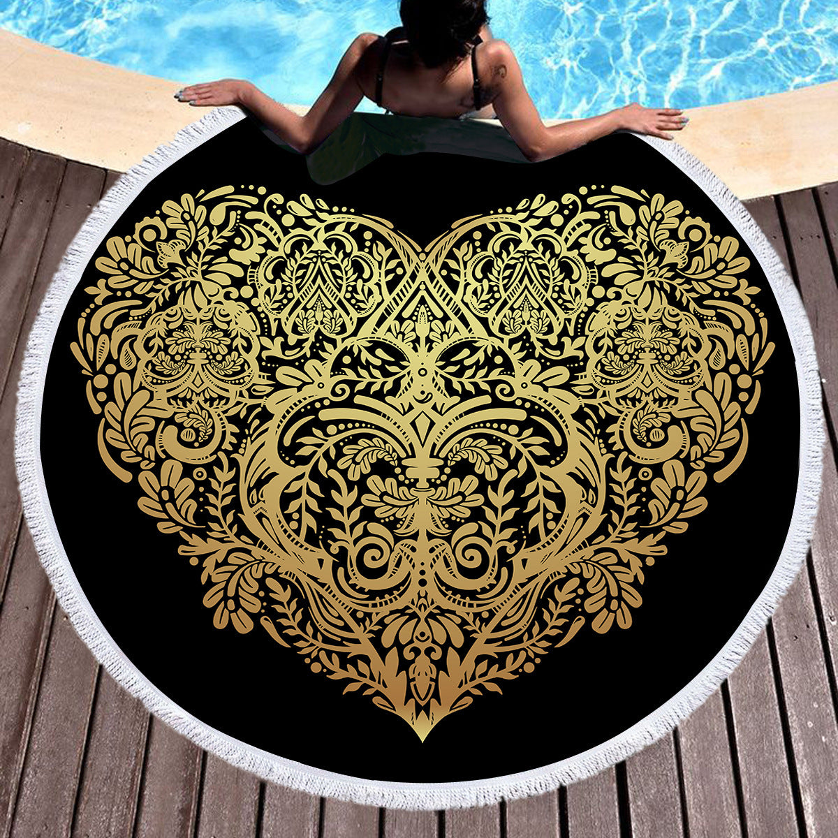 Golden microfiber beach towel with customizable design, featuring bright colors and soft, absorbent fabric for sunbathing.