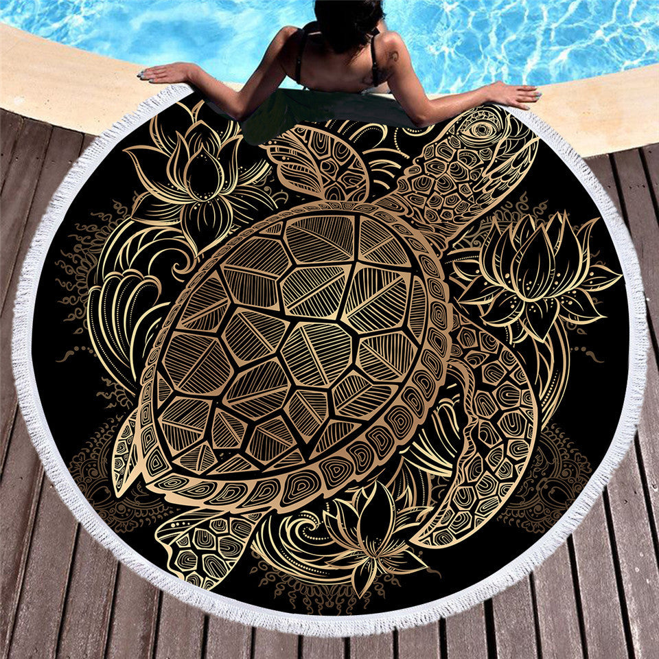 Golden microfiber beach towel with customizable design, featuring bright colors and soft, quick-drying fabric for beach use.
