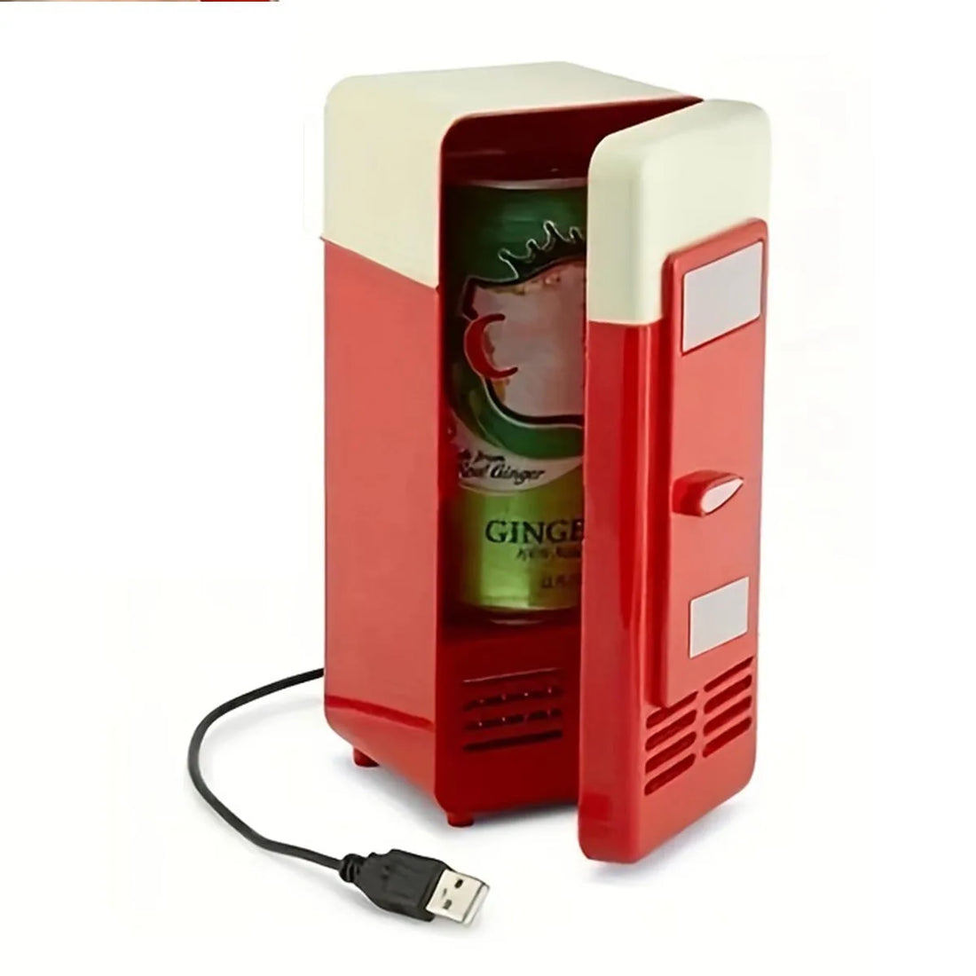 RoyalSavings mini USB refrigerator showing compact design with cooling and heating functions, suitable for cars and computers.