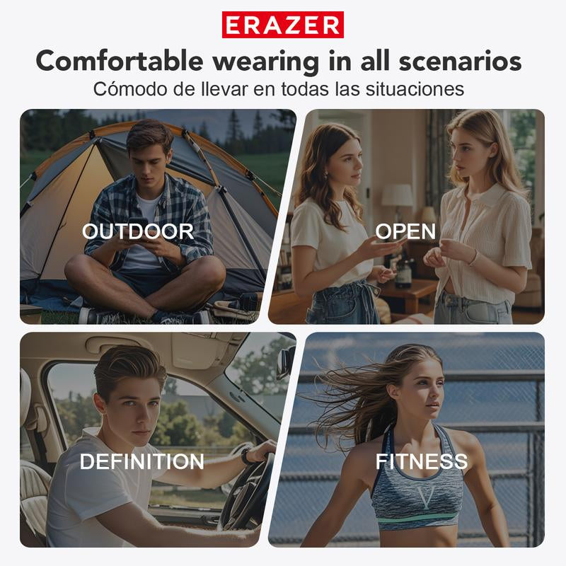 RoyalSavings ERAZER Xt66Pro OWS wireless Bluetooth earbuds with built-in microphone, supporting 135 languages for real-time translation and music.