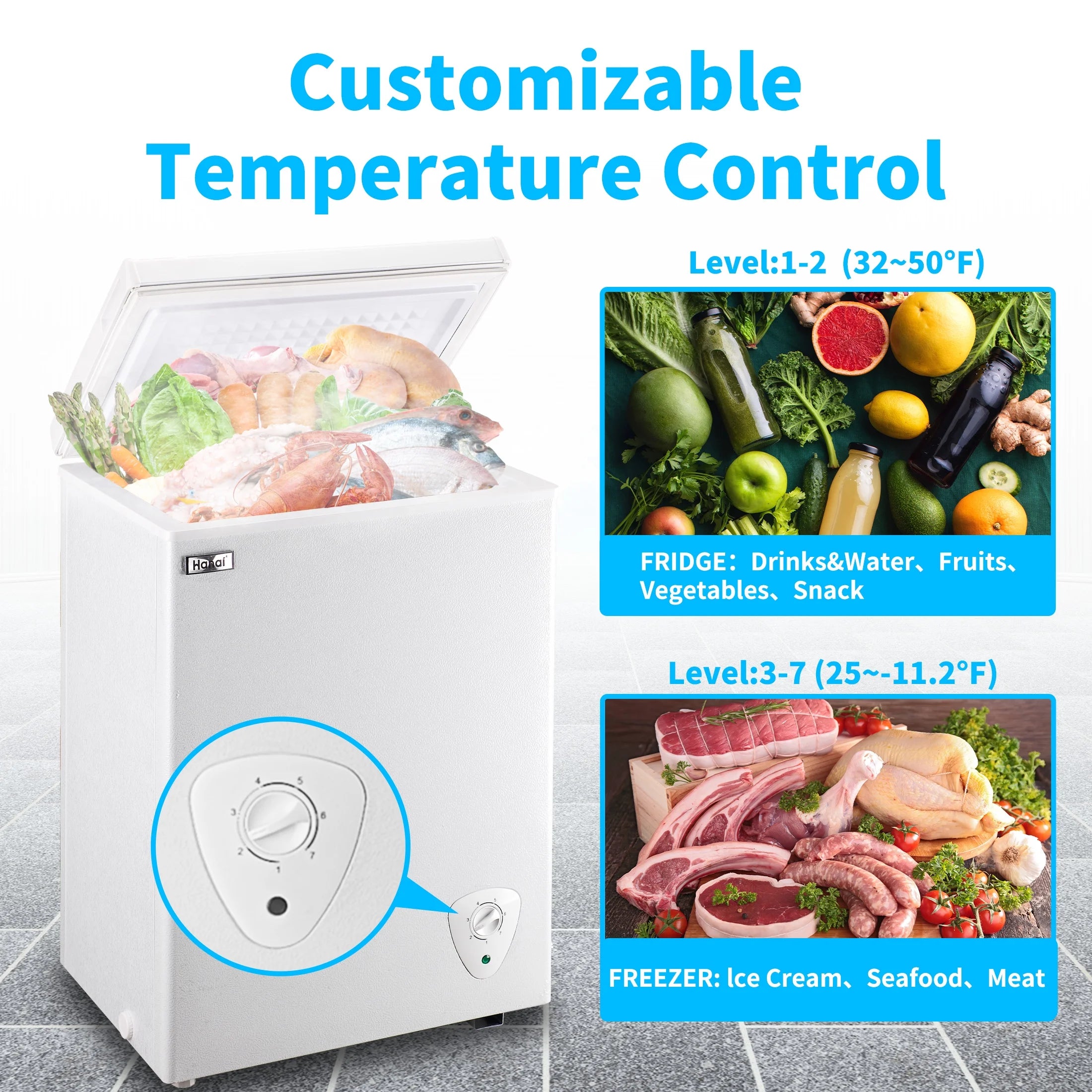 RoyalSavings 3.5 Cu.Ft white chest freezer with removable storage basket, deep freezer for versatile food storage.