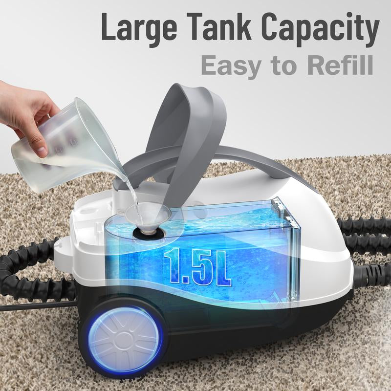 RoyalSavings 1800W high-pressure steam cleaner with 1.5L tank, multiple attachments, used for home floor cleaning, chemical-free.