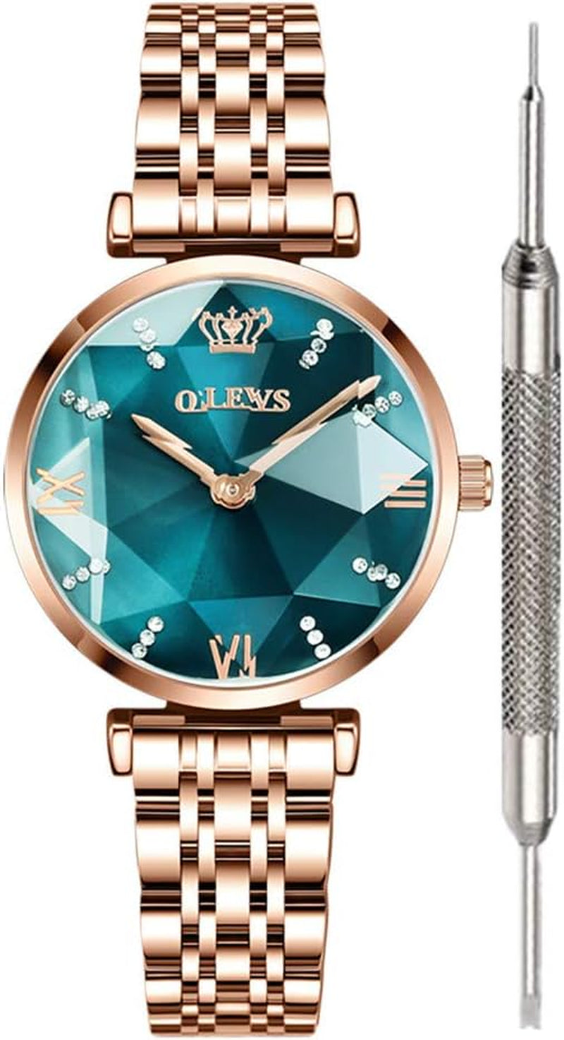RoyalSavings prismatic diamond luxury watch for women with a steel band, analog quartz movement, and elegant design.