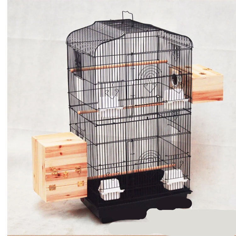 Golden portable pet display wire cage for parrots and birds, featuring a spacious design with metal bars and secure doors.