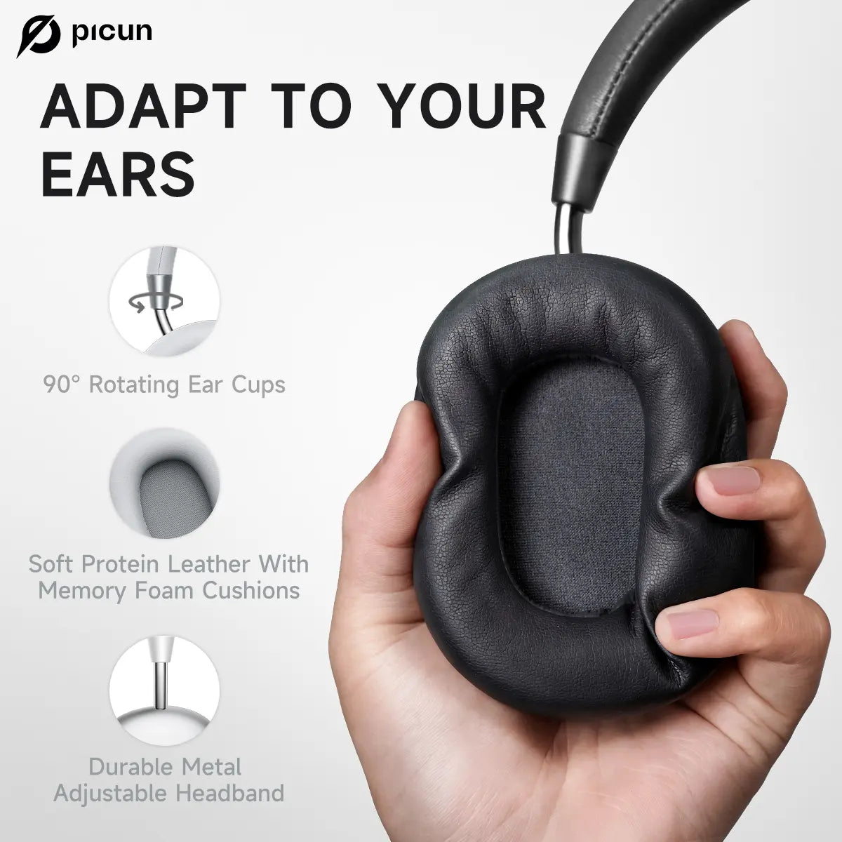 Picun F5 ANC wireless headphones with Bluetooth, over-ear design, black color, and built-in noise-canceling technology.