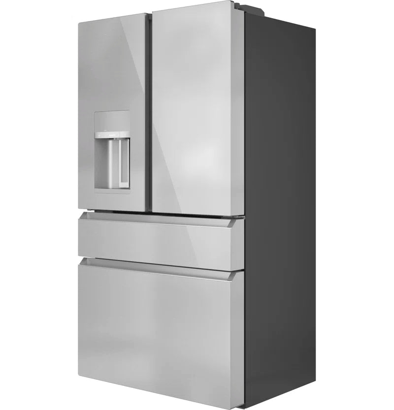 RoyalSavings French-door smart refrigerator with sleek exterior, digital control panel, and spacious interior for modern kitchen storage.