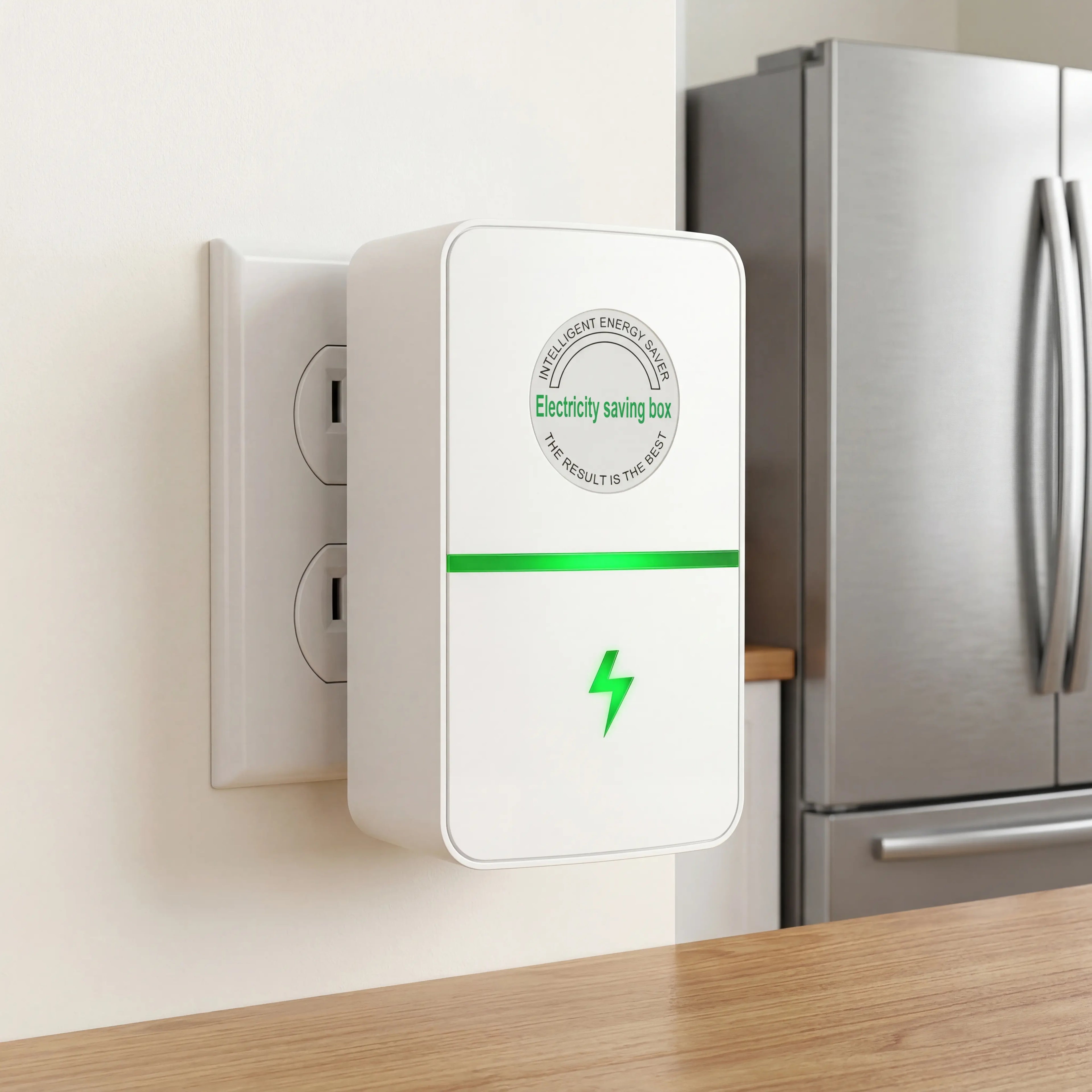 RoyalSavings plug-in power box with US plug, multiple outlets for 90-250V, compact design for versatile electrical use