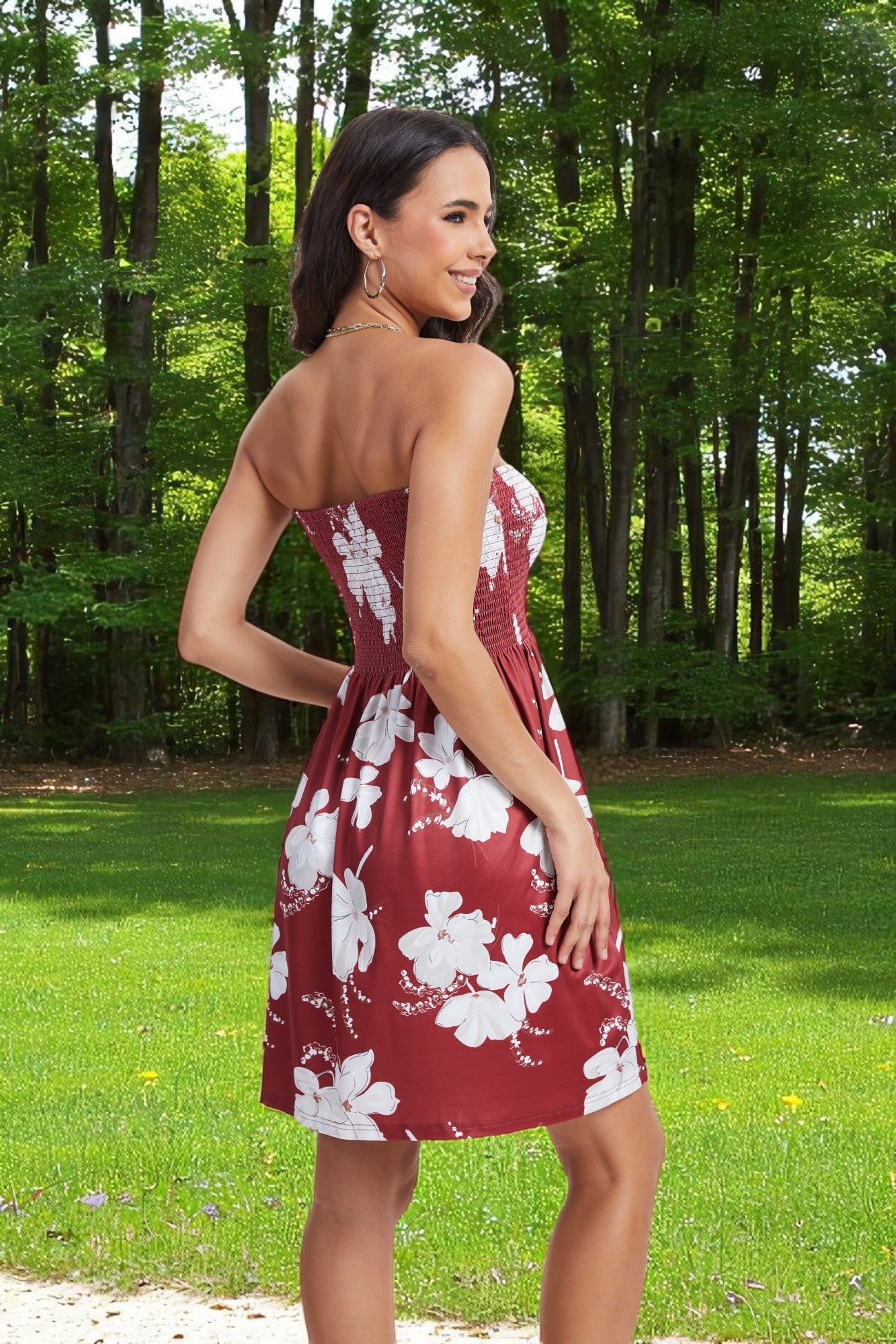 Red boho strapless summer dress for women by Golden, sleeveless smocked beach sundress perfect for casual vacations.