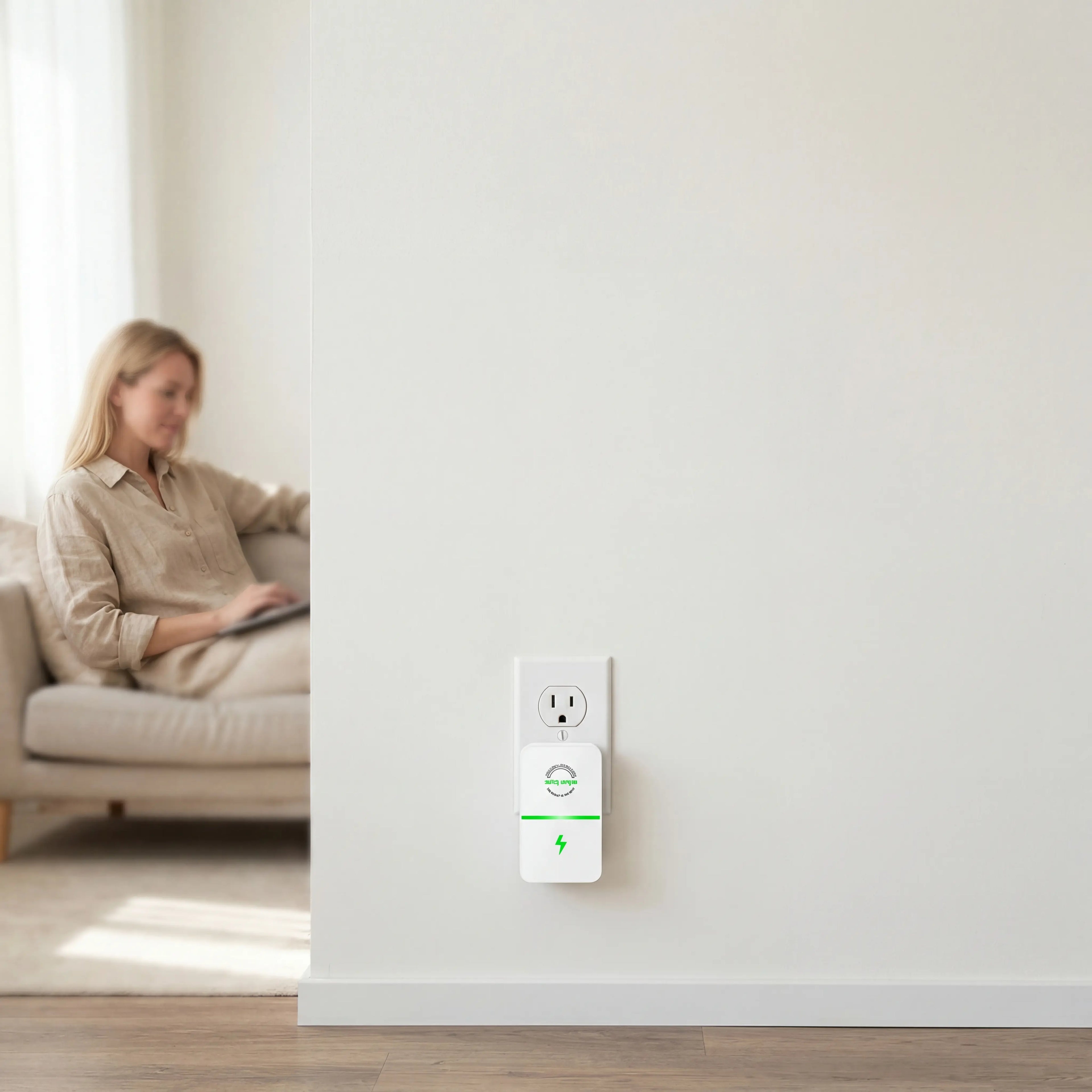 RoyalSavings plug-in power box with US plug, multi-outlet power strip for 90-250V electrical devices, shown in webp image.