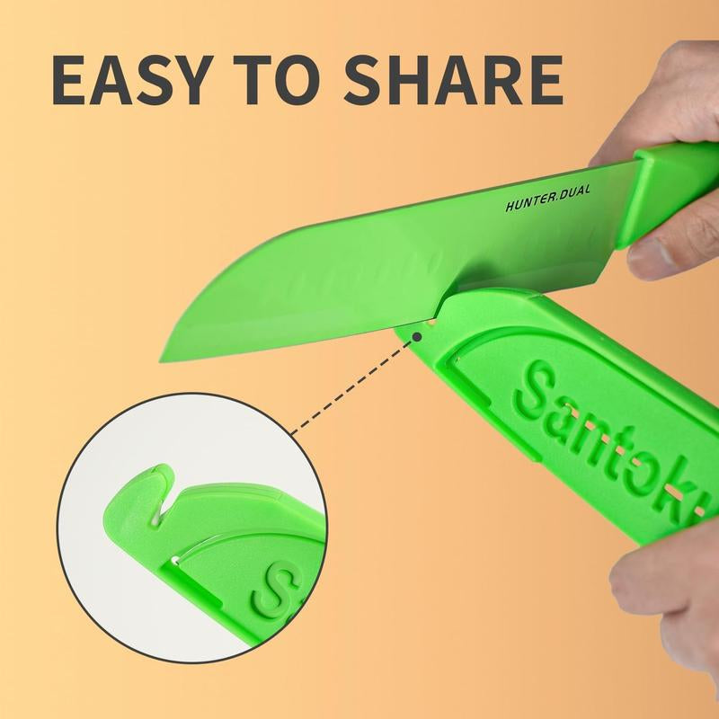 Colorful RoyalSavings kitchen knife set with six sharp stainless steel knives arranged on a wooden block.