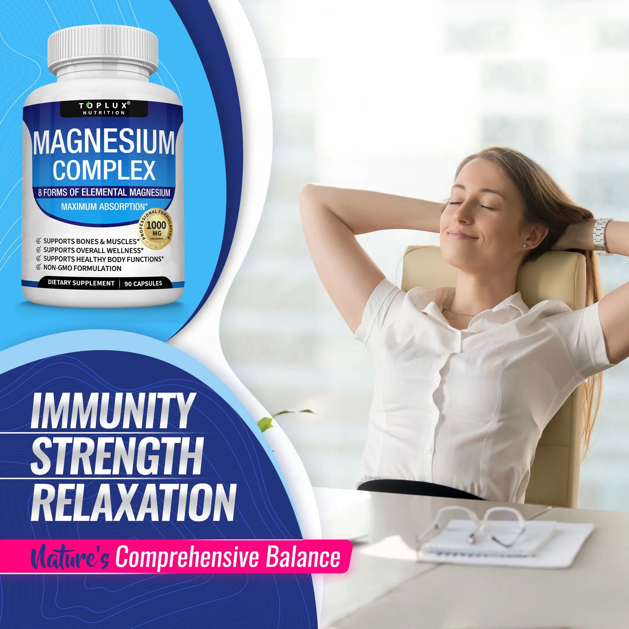 RoyalSavings Magnesium Complex supplement with 1000mg, featuring 8 essential magnesium forms in a clear bottle.