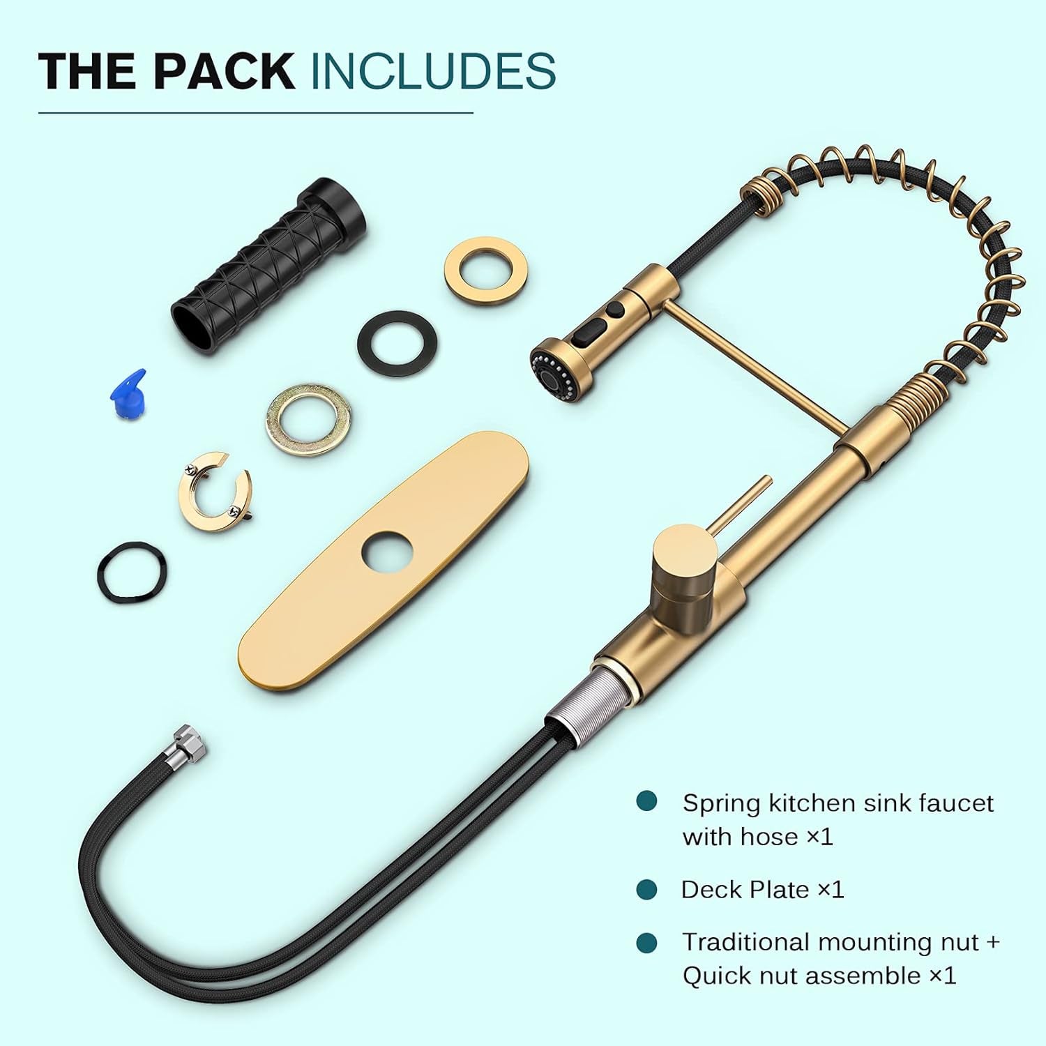 RoyalSavings gold kitchen faucet with pull-down sprayer, 19.75-inch spring, three modes, single handle, industrial style for kitchen sink.