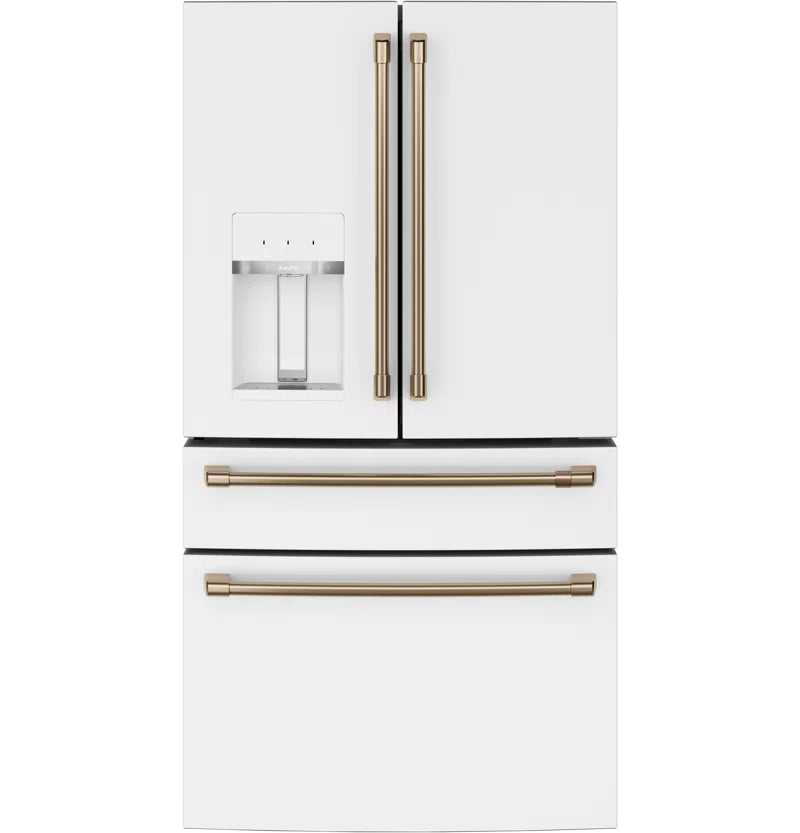 RoyalSavings French-door smart refrigerator with sleek stainless steel exterior and digital control panel visible.