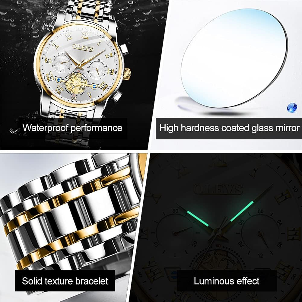 Mens RoyalSavings fashion casual analog quartz watch with waterproof stainless steel band, gold and white dial, day window.