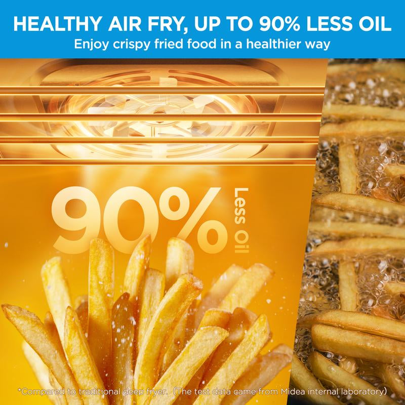 RoyalSavings Midea Flexify French Door Air Fryer Toaster Oven Combo with large 26.4 QT capacity, elegant design, and convection fan.