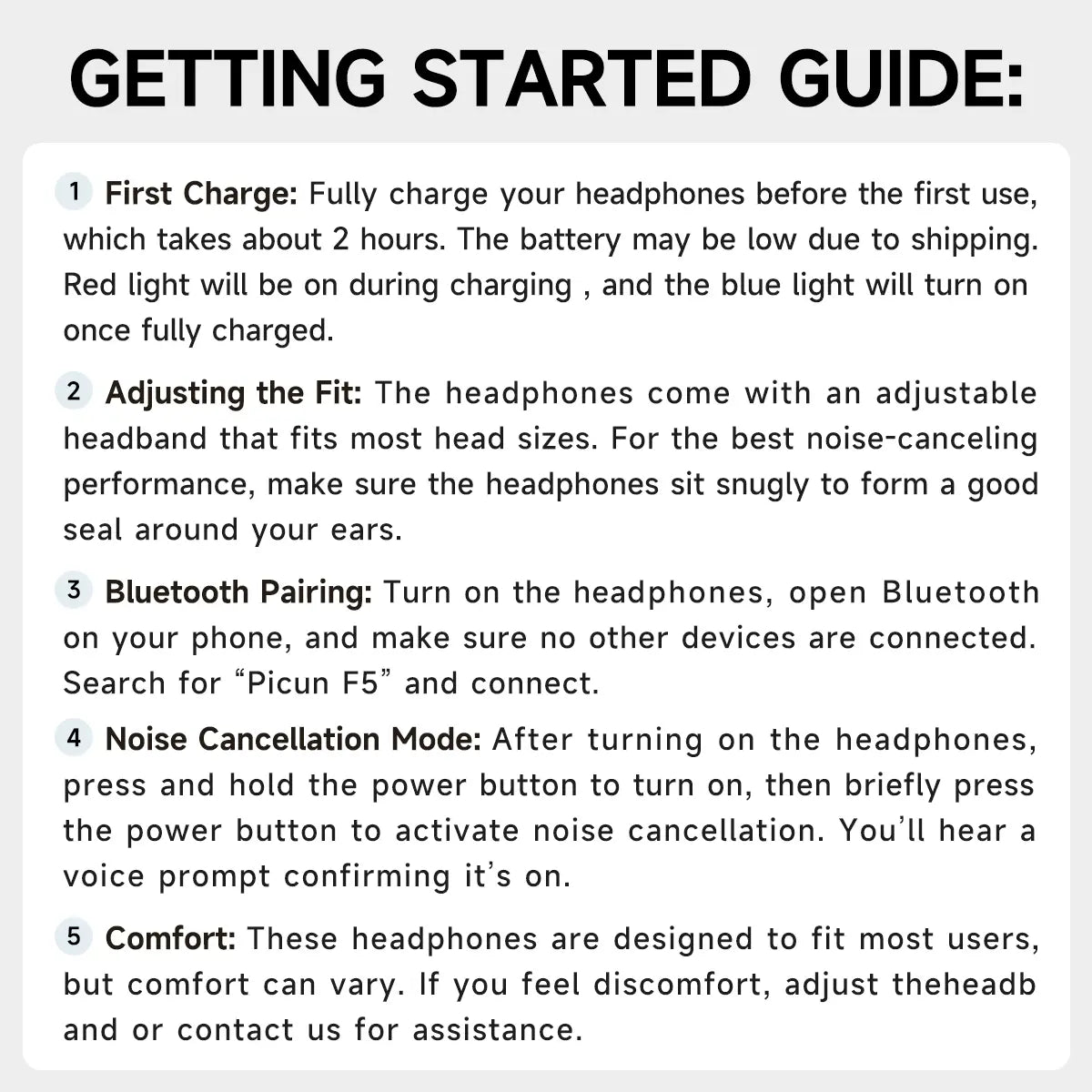 Picun F5 ANC wireless headphones with Bluetooth, over-ear design, showing ear cups and headband for immersive sound.