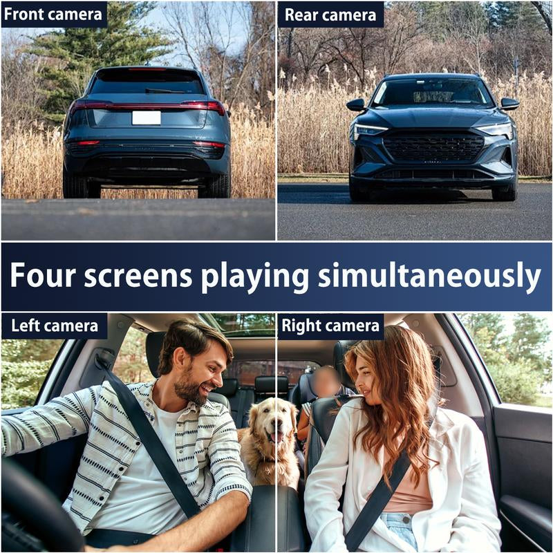 RoyalSavings 4-channel car dash cam with 1080P video, night vision, front and rear cameras, HD screen, and 64GB memory card.