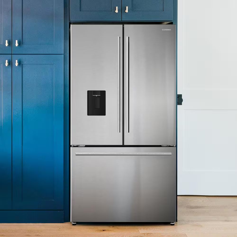 RoyalSavings stainless steel 22.4 cu. ft. 3-door French door refrigerator with water dispenser and ice maker, counter depth design.