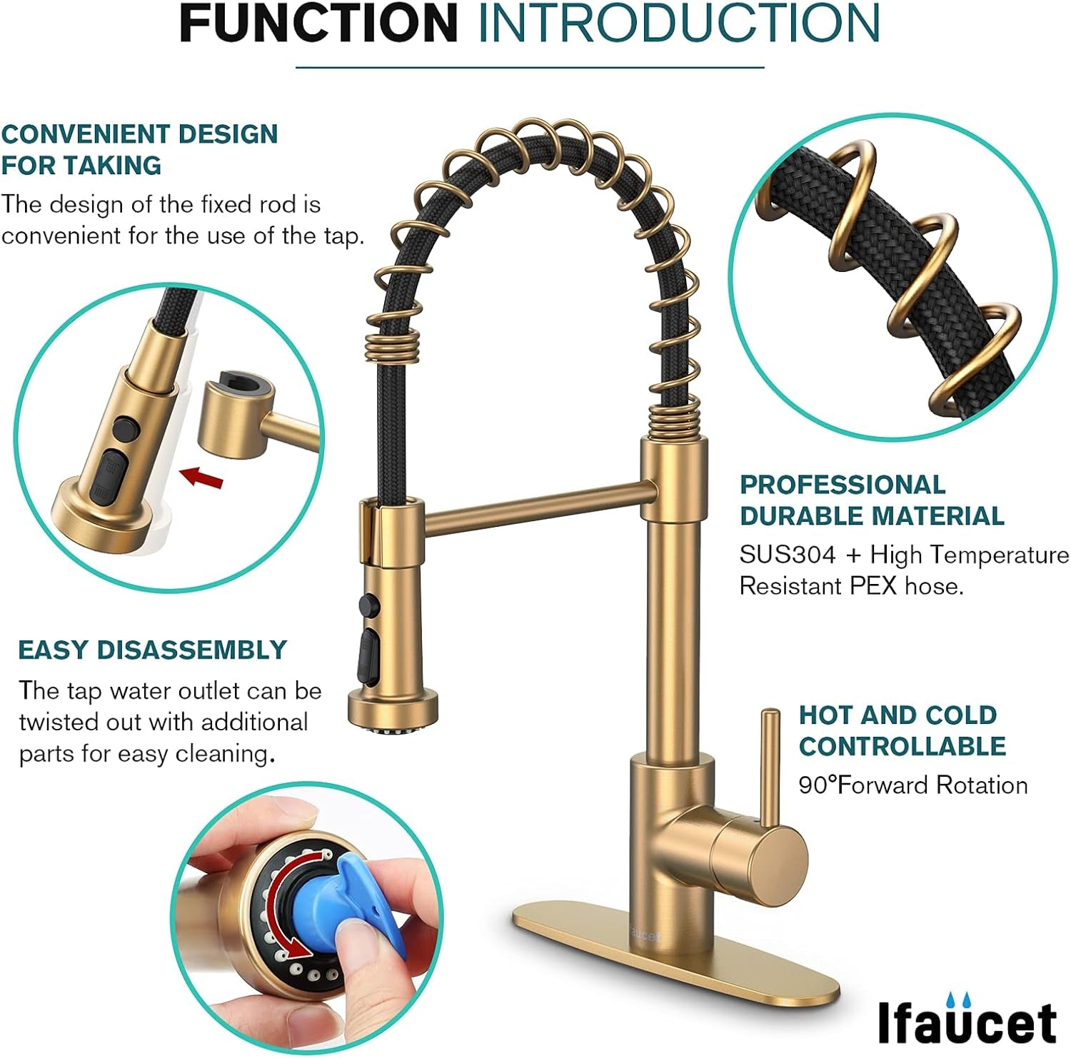 RoyalSavings gold kitchen faucet with pull-down sprayer, 19.75-inch spring design, three modes, single handle, deck plate for sink installation