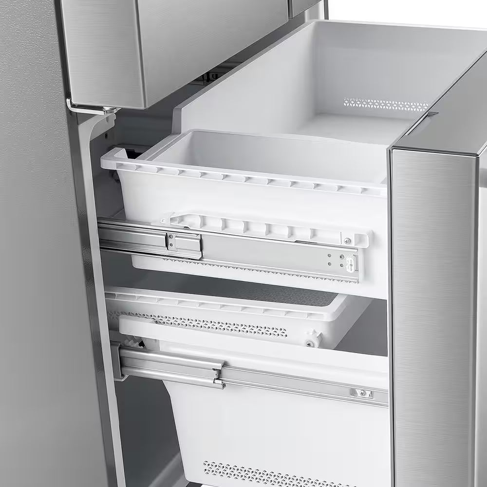 Stainless steel RoyalSavings 22.4 cu. ft. 3-door French door refrigerator with water dispenser and ice maker, counter depth design.