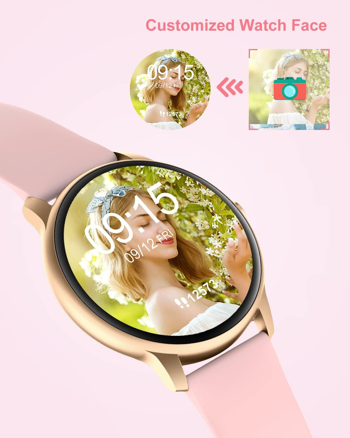 Pink women’s smart watch by RoyalSavings, round fitness tracker with heart rate monitor, waterproof, compatible with iPhone and Android.