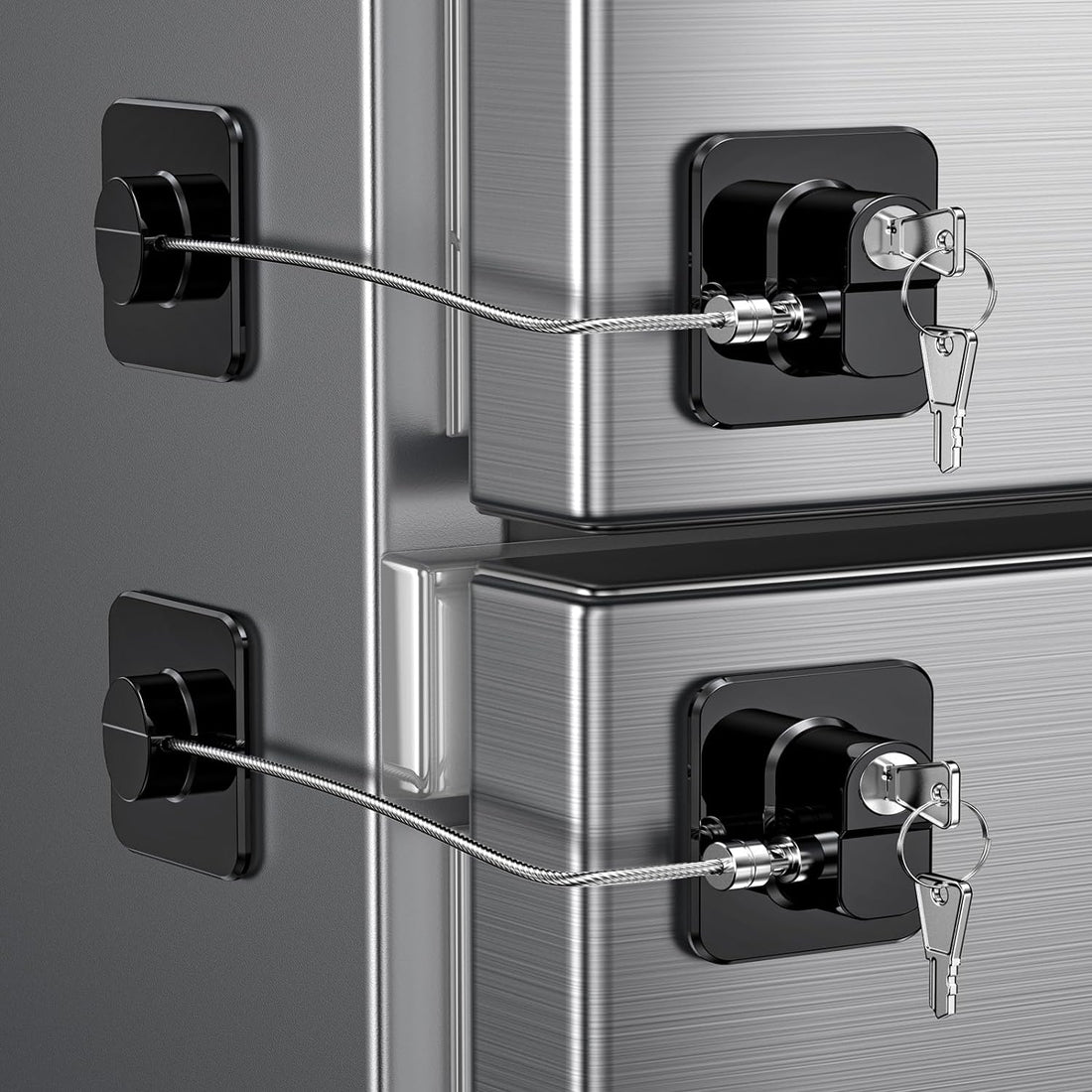 Two black RoyalSavings refrigerator door locks for childproofing fridge, freezer, and cabinets in a 2-pack.