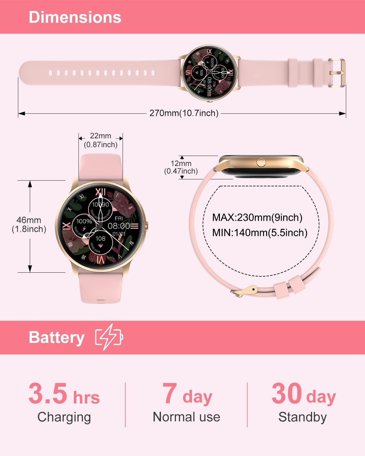 Pink RoyalSavings women’s smart watch with round digital display, fitness tracker, heart rate monitor, waterproof IP68, personalized watch faces