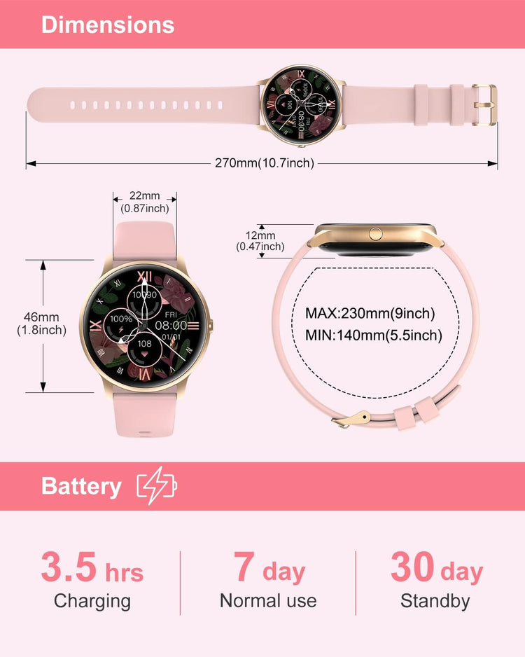 Women Smart Watch Compatible with Iphone and Android Phones IP68 Waterproof, round Watch for Women Smartwatch Fitness Tracker Heart Rate Monitor Digital Watch with Personalized Watch Faces (Pink)