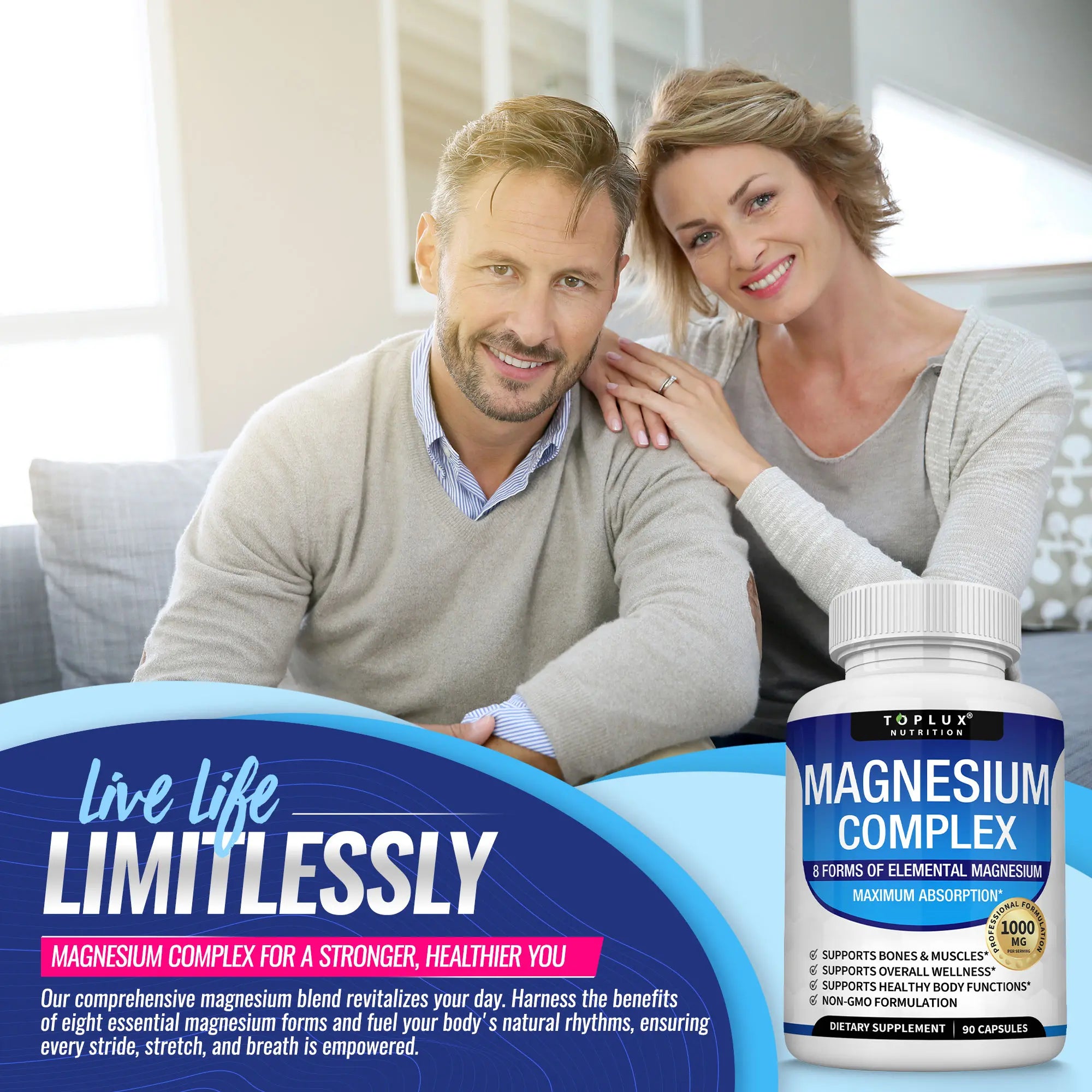 RoyalSavings Magnesium Complex Supplement 1000mg bottle with 8 essential magnesium forms, showing the supplement capsules inside.