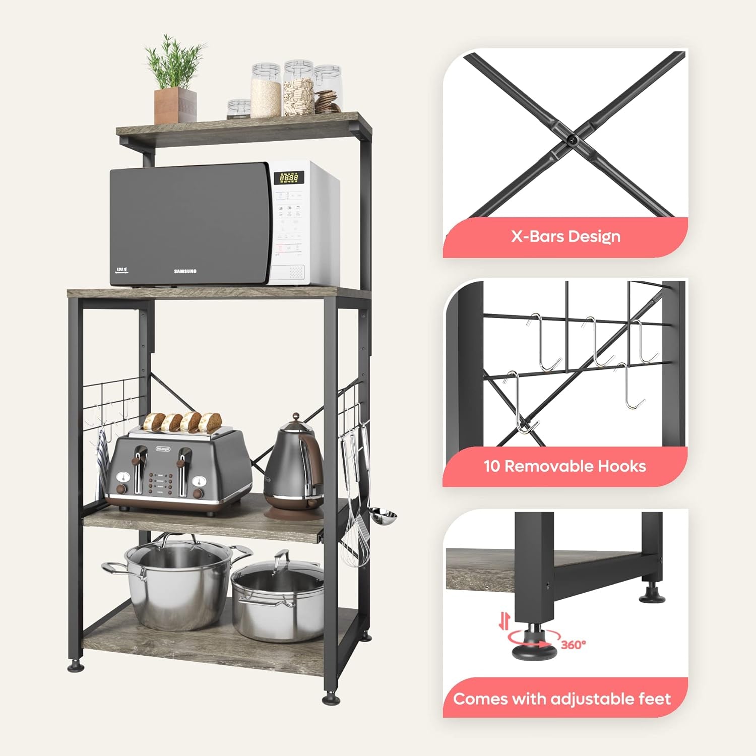 RoyalSavings kitchen bakers rack with wheels, adjustable feet, storage shelves, and 10 side hooks for kitchen organization.