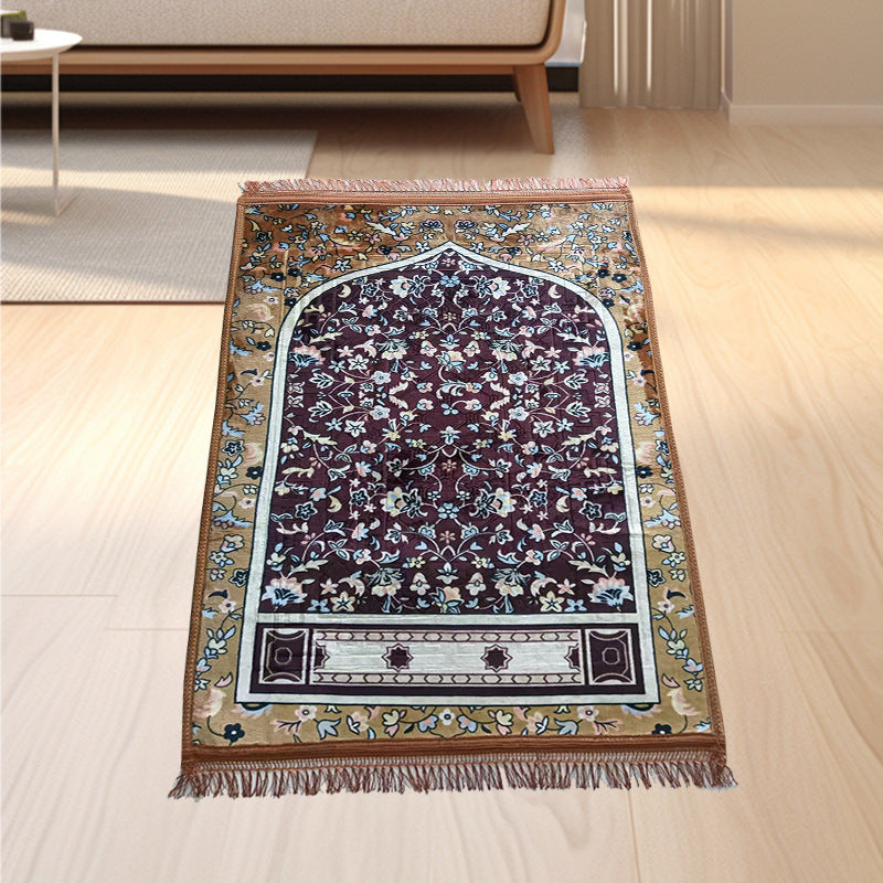 Golden thick flannel Qibla prayer mat with stain-resistant fabric, showing the detailed design and traditional prayer orientation guide.