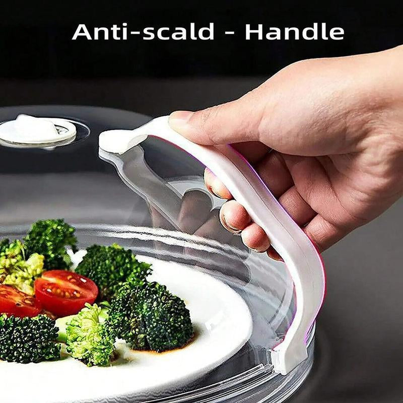 Reusable microwave splatter cover with handle, modern kitchen lid for food, made by RoyalSavings, fits microwave dishes.