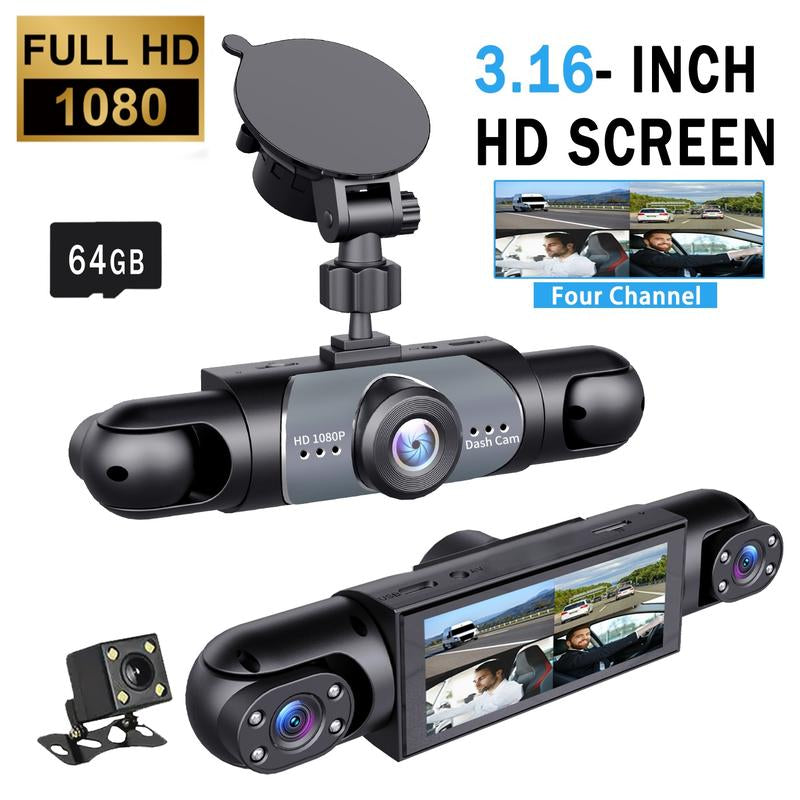 RoyalSavings 4-channel car dash cam with 1080P resolution, night vision, HD screen, and front, rear, left, right cameras.