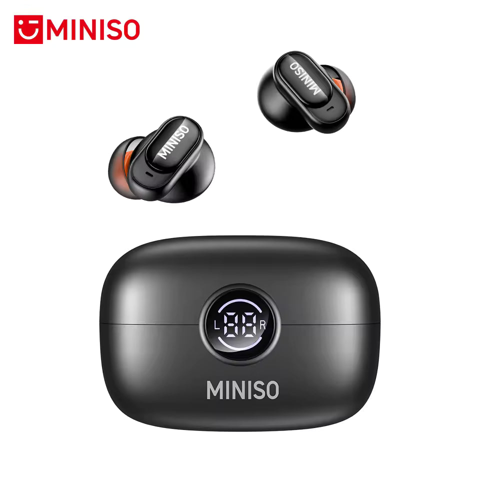 RoyalSavings MINISO MS105 wireless earbuds in black with built-in microphone, waterproof design, suitable for sports, office, and calls.