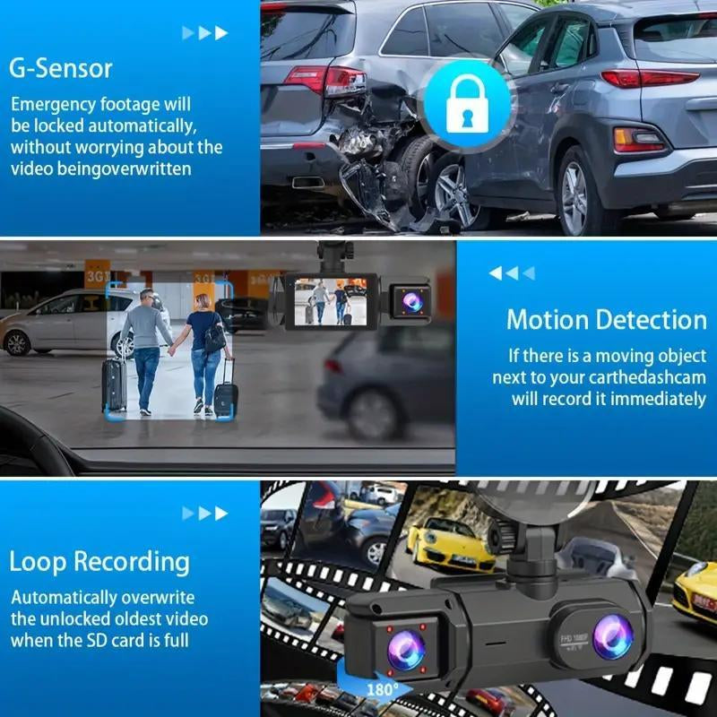 RoyalSavings HD car dashcam with 32GB memory card, vehicle DVR for cars, trucks, and SUVs, showing mounted camera in a vehicle interior.