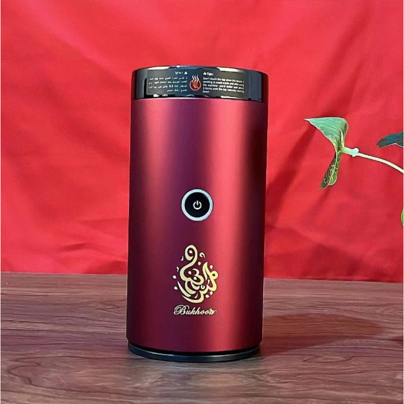 Golden Bluetooth Quran device with a portable car aromatherapy burner, showing the device and aromatic burner in a car setting.