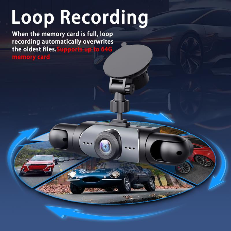 RoyalSavings 4-channel car dash cam with 1080P video, night vision, 64GB memory, front and rear cameras, HD display, parking mode