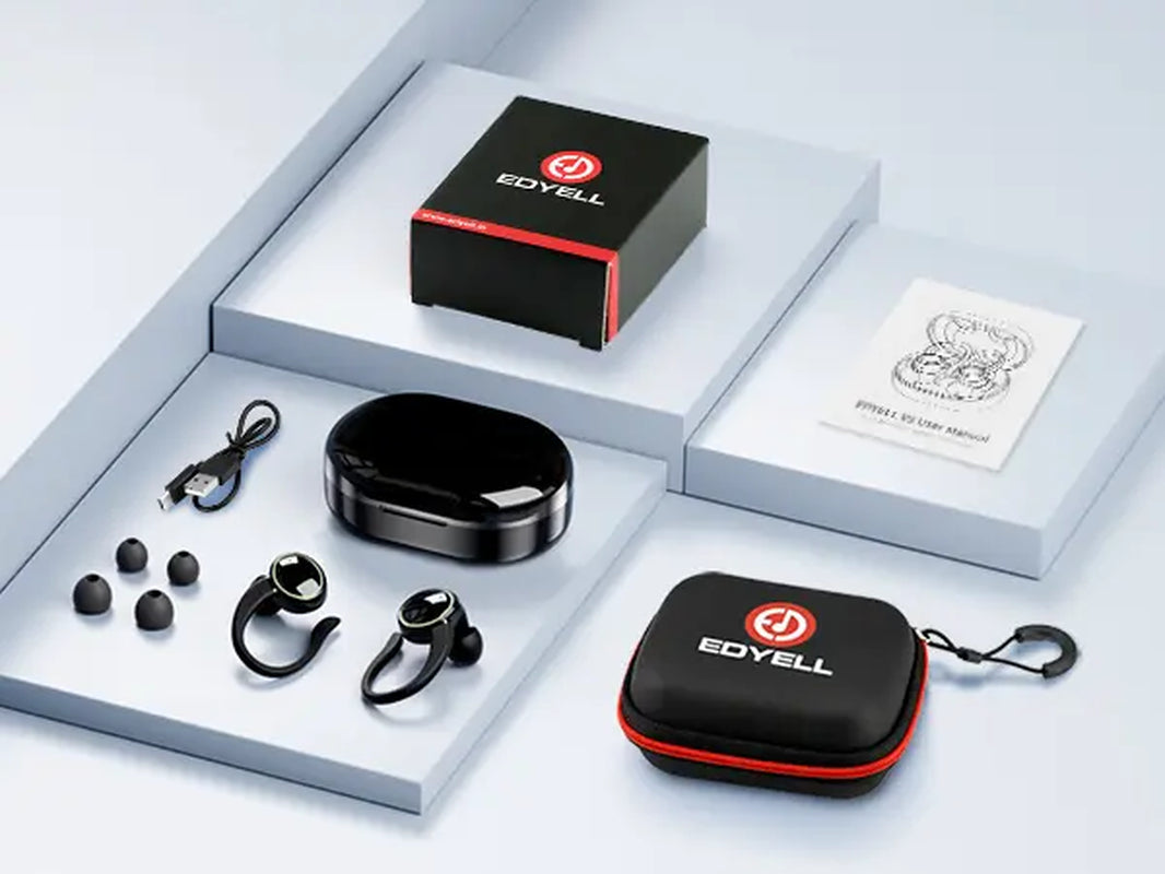 Wireless EDYELL C16 Bluetooth 5.3 waterproof earbuds with charging case and in-ear design, shown in black.