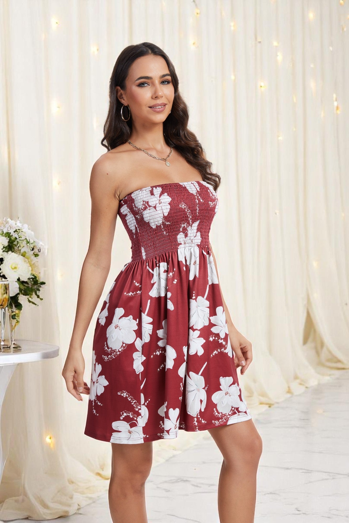 Red strapless boho summer dress for women by Golden, sleeveless smocked beach sundress perfect for casual vacation wear.