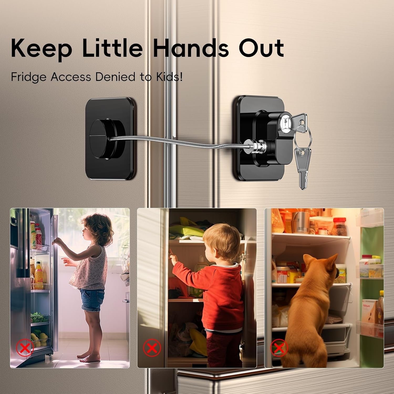 RoyalSavings 2-pack refrigerator door lock set for childproofing, fits fridge freezer and cabinets, black plastic safety lock.