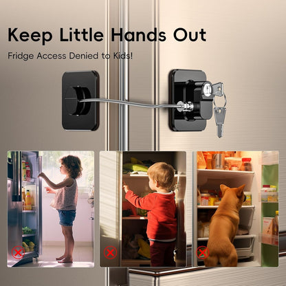RoyalSavings 2-pack refrigerator door lock set for childproofing, fits fridge freezer and cabinets, black plastic safety lock.