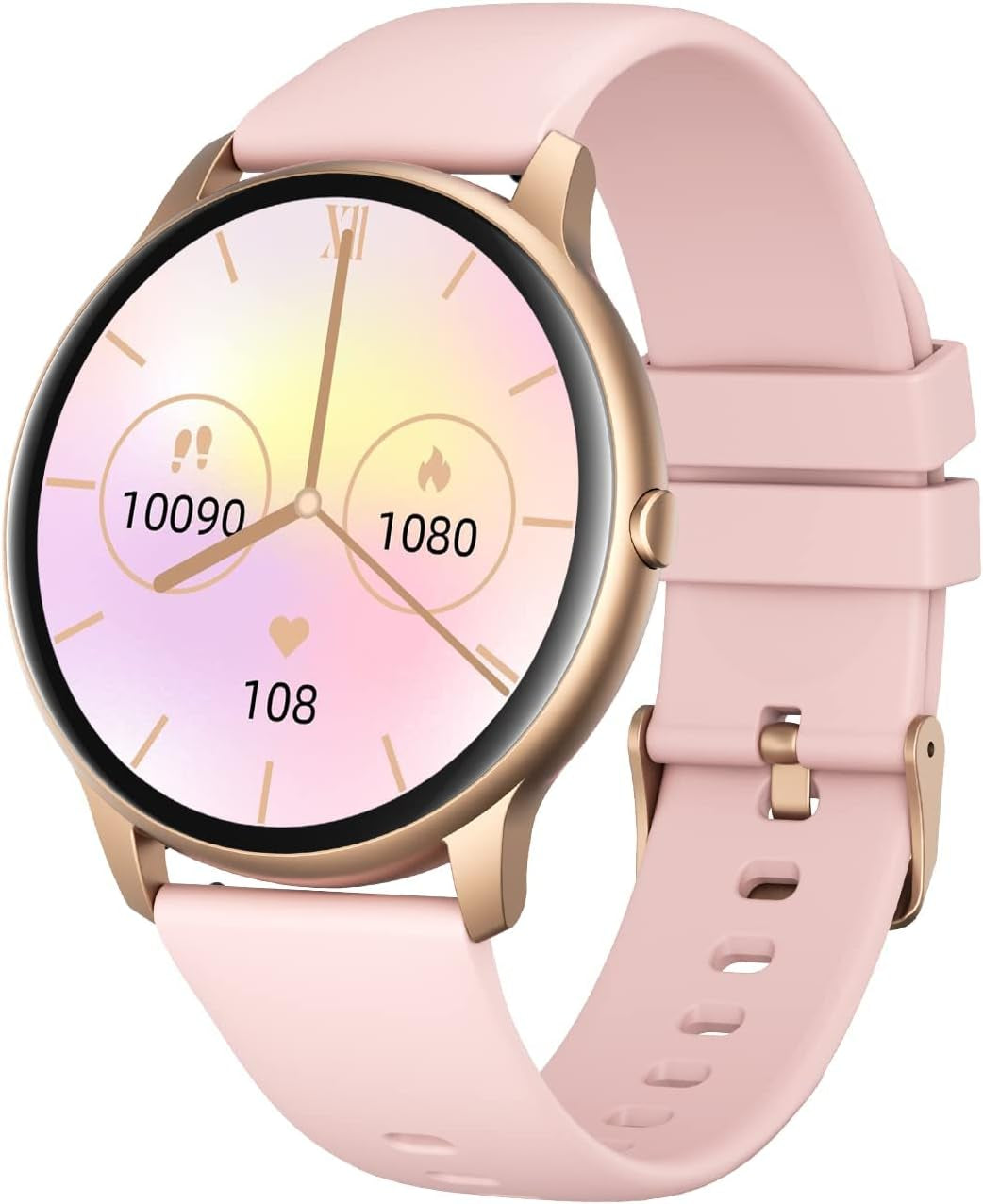 Pink RoyalSavings women’s smartwatch with round face, fitness tracker, heart rate monitor, waterproof IP68, compatible with iPhone and Android.