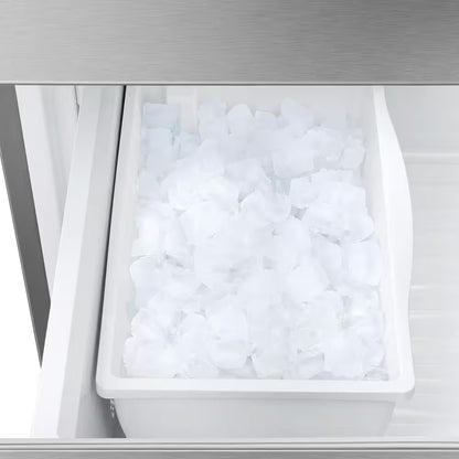 RoyalSavings 22.4 cu ft stainless steel 3-door French door refrigerator with water dispenser and ice maker, counter depth design.