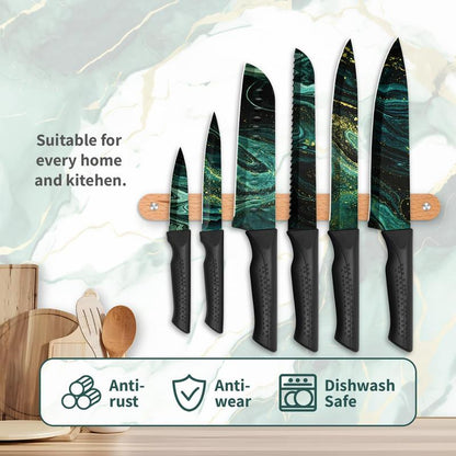Colorful RoyalSavings kitchen knife set with six sharp stainless steel knives on a wooden cutting board.