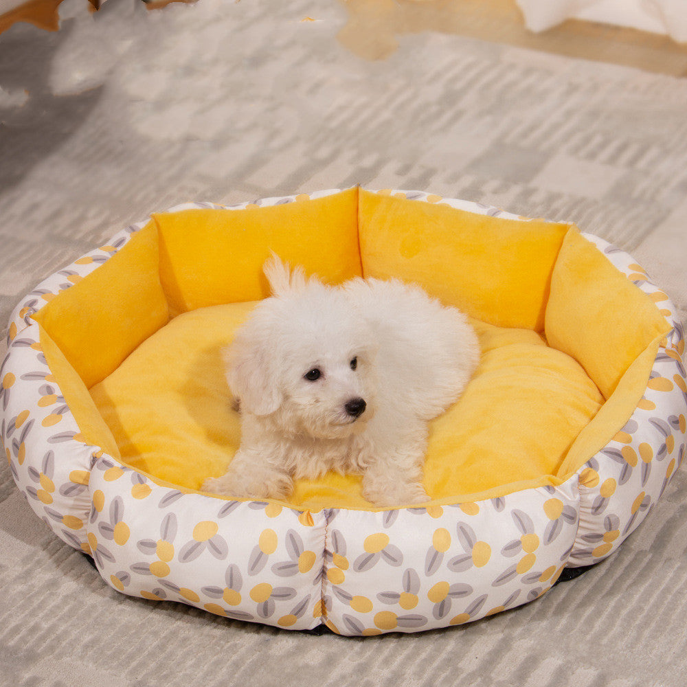 Golden octagonal pet cage bed with plush fleece lining, providing cozy comfort for small animals.