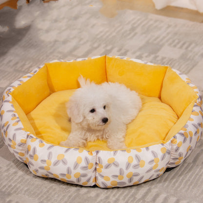 Golden octagonal pet bed with soft fleece lining, cozy cage-style pet bed for small animals or pets.